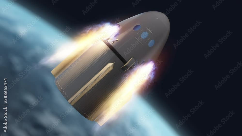 Wall mural commercial spacecraft capsule with rockets igniting and firing it to earth orbit with planet backgro