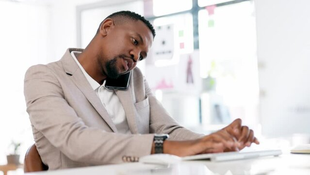 Black man, business call and conversation on a office computer with employee productivity. Phone networking, typing and working web analyst checking work agenda, schedule and website document at desk