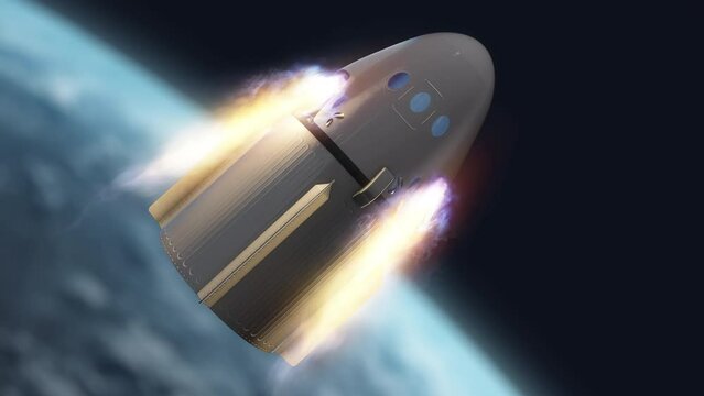 Commercial Spacecraft Capsule with Rockets Igniting and Firing it to Earth Orbit with Planet Background - 3D CGI Animation 4K