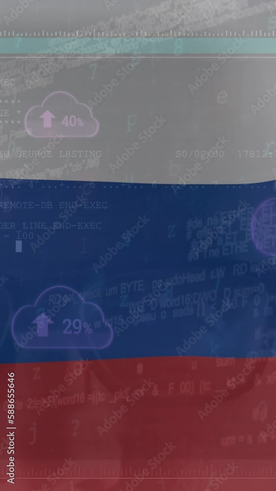 Poster animation of data processing over flag of russia