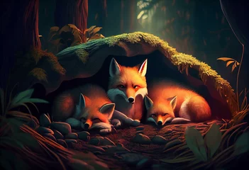 Tuinposter cartoon scene with animals family of foxes in forest sleeping by night illustration. Generative AI © Elise