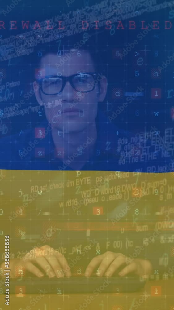 Poster animation of caucasian male hacker and data processing over flag of ukraine