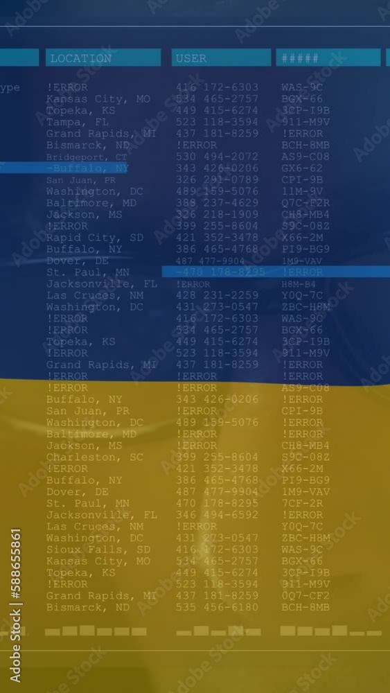 Poster animation of caucasian male hacker and data processing over flag of ukraine