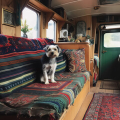 Cosy interior of a narrowboat. An AI generative image of an example of small space living with a dog.