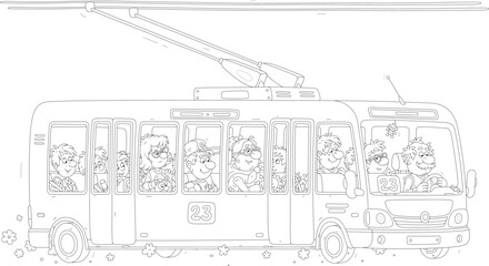 Trolleybus with a smiling driver and noisy company of funny passengers with their things riding along a city street, black and white outline vector cartoon illustration for a coloring book