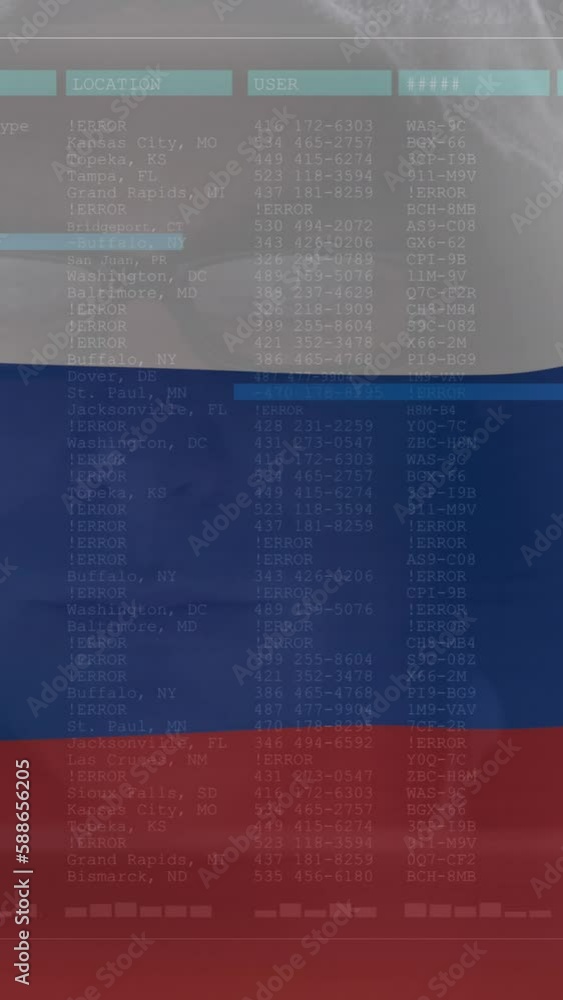 Poster animation caucasian male hacker and data processing over flag of russia