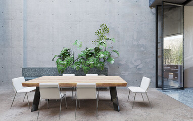Semi-outdoor garden dining table is decorated with concrete walls and foliage. 3D illustration