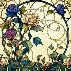 Irises in Art Nouveau style. Imitation of an old stained glass window