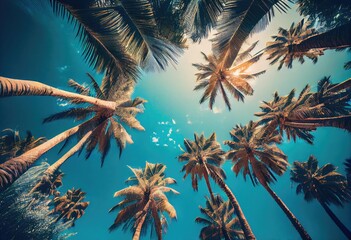 Fototapeta na wymiar Blue sky and palm trees view from below vintage style