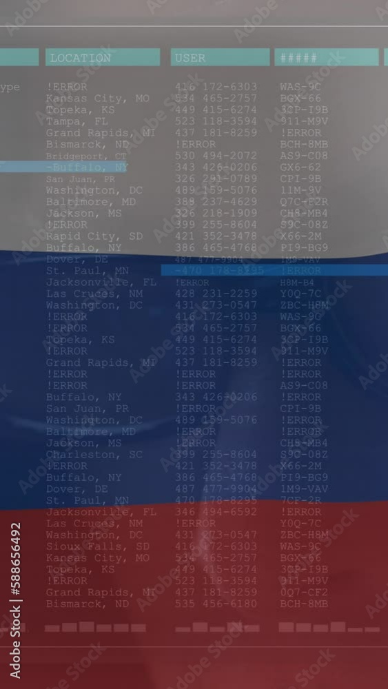 Poster animation caucasian male hacker and data processing over flag of russia