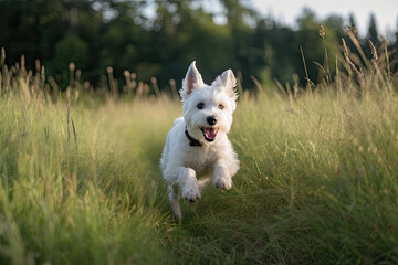 Happy dog running towards the camera in grassy field