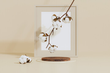 Minimal composition with Branch white cotton flowers, wooden podium on beige background. Delicate light beauty cotton background. Natural organic fiber, raw materials for making fabric. 3d render