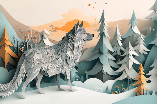 paper art style, A gray wolf stalking through the snow, with its paw prints and the surrounding landscape depicted in intricate kirigami detail