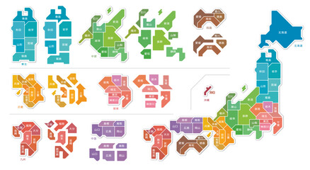 日本地図　色分け　都道府県名　イラスト　白バック