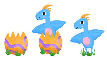 Fototapeta na wymiar Set with egg and newborn flying dinosaur in cartoon style