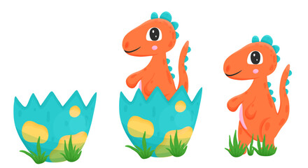 Set with egg and newborn orange dinosaur in cartoon style