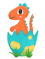 Newborn little dinosaur in cracked egg in hand drawn cartoon style