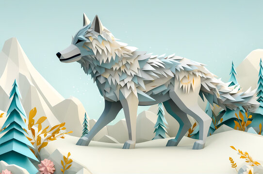 paper art style, A gray wolf stalking through the snow, with its paw prints and the surrounding landscape depicted in intricate kirigami detail