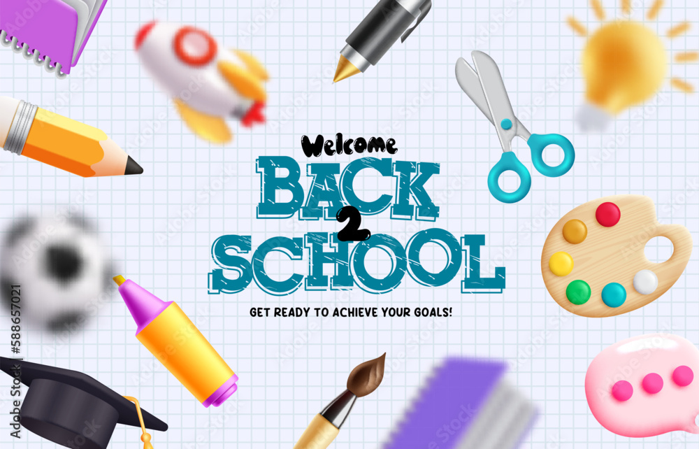 Poster back to school vector background. back to school text with educational element in grid paper backgro