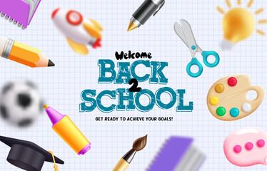 Back to school vector background. Back to school text with educational element in grid paper background. Vector illustration school greeting background.