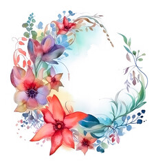 Obraz na płótnie Canvas Watercolor floral circle frame. Beautiful hand drawn wreath on a white background.