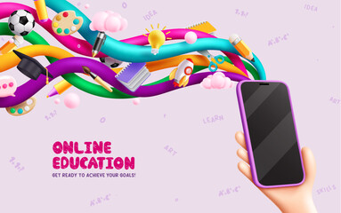 Online education vector concept. Online education text with mobile phone element for e-learning educational design. Vector illustration school online course design. - obrazy, fototapety, plakaty
