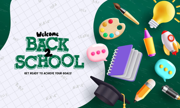 Back to school vector design. Back to school text with student toy items and supplies for educational concept. Vector illustration welcome greeting school background.