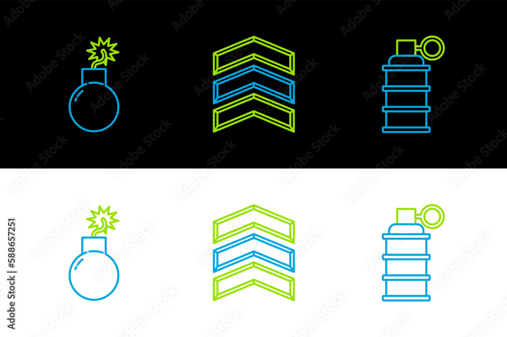 Poster Set line Hand grenade, Bomb ready to explode and Military rank icon. Vector