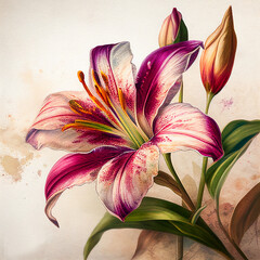 Beautiful watercolor vintage lily. Generative AI.