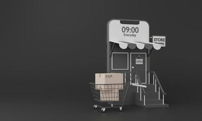Smartphone online shopping store,social media app and shoping cart on black background.Shopping online and delivery service on mobile application,3d render illustration.