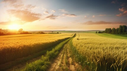 Obraz premium Rural landscape with wheat field. Generative AI