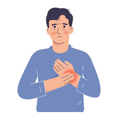 Sad young man having an accident with pain in his wrist. Wrist problem, vector illustration - obrazy, fototapety, plakaty