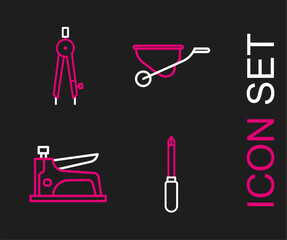 Set line Screwdriver, Construction stapler, Wheelbarrow and Drawing compass icon. Vector