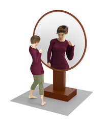 3D illustration of a slim woman looking at her enlarged image reflected by a big round concave mirror