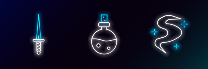 Set line Magic fog or smoke, Dagger and Bottle with love potion icon. Glowing neon. Vector