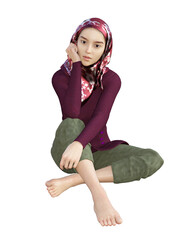 3D illustration of a young female sitting. She is wearing a head scarf, a dark maroon long-sleeve shirt, and dark green trousers.