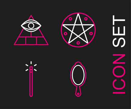 Set line Magic hand mirror, wand, Pentagram in circle and Masons icon. Vector