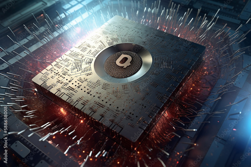 Poster quantum computer, with qubits changing state, achieving quantum supremacy. conceptual illustration. 