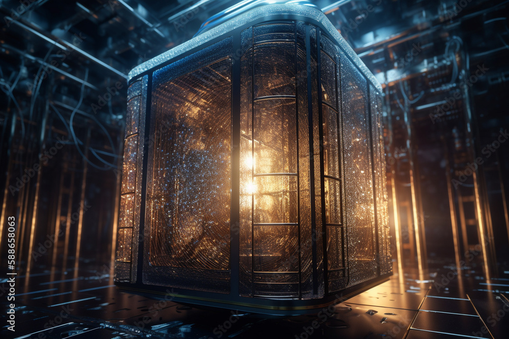 Poster quantum computer, with qubits changing state, achieving quantum supremacy. conceptual illustration. 