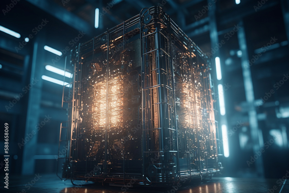 Poster quantum computer, with qubits changing state, achieving quantum supremacy. conceptual illustration. 