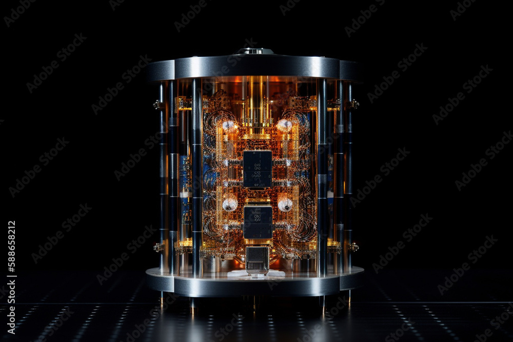Poster quantum computer, with qubits changing state, achieving quantum supremacy. conceptual illustration. 