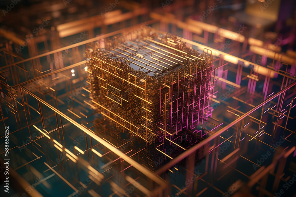 Poster quantum computer, with qubits changing state, achieving quantum supremacy. conceptual illustration. 
