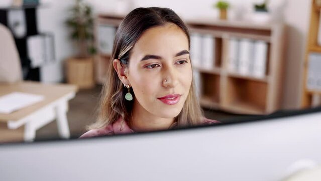 Thinking, face and business woman on computer working on online project, research and typing email. Corporate, technology and female worker reading screen for planning, strategy and ideas at company