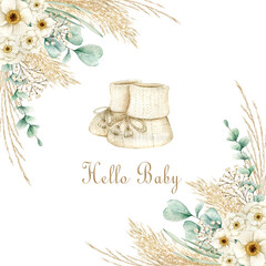 Watercolor illustration card hello baby with socks, eucalyptus, flowers frame. Isolated on white background. Hand drawn clipart. Perfect for card, postcard, tags, invitation, printing, wrapping.
