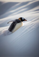 Penguin sliding on its belly down a snow-covered hill, generative ai