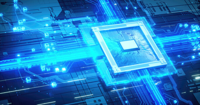 3D rendering of cyberpunk AI. Circuit board. Technology background. Central Computer Processors CPU and GPU concept. Motherboard digital chip. Tech science background.