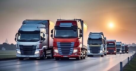 Plakat A group of trucks passing on an epic road, speed, road, movement, blur, auto advertising photo. Website photo