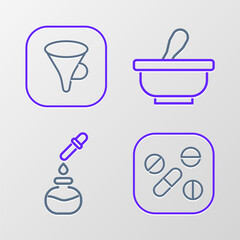 Set line Medicine pill or tablet, Test tube and flask, Mortar pestle and Funnel filter icon. Vector