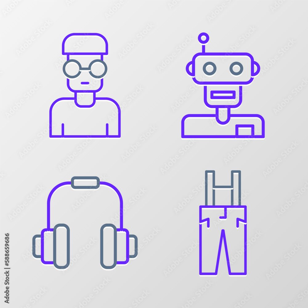 Aufkleber set line pants with suspenders, headphones, robot and nerd geek icon. vector