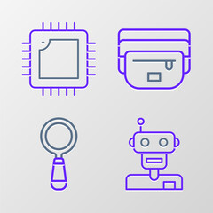 Fototapeta premium Set line Robot, Magnifying glass, Waist bag of banana and Processor with CPU icon. Vector